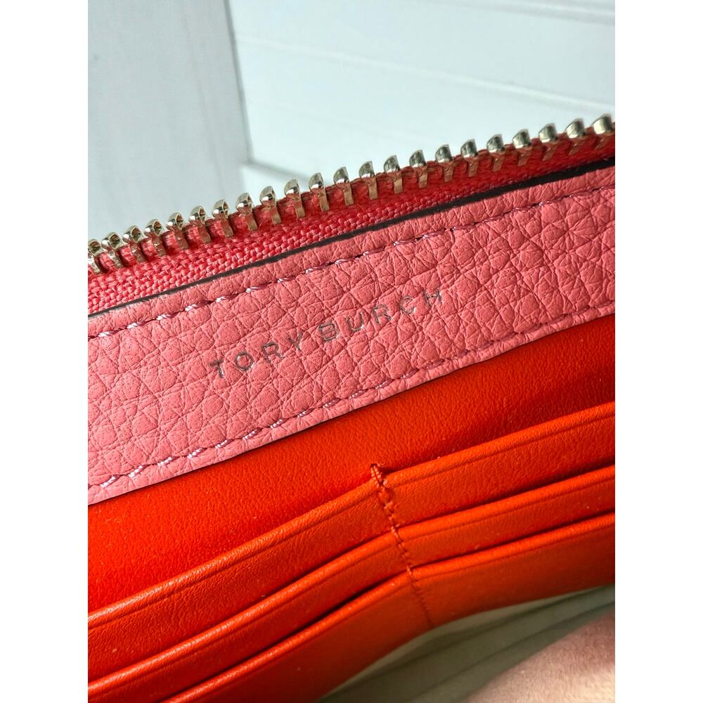 Tory Burch Pebbled Leather Colorblock Crossbody Wallet Purse Pink Orange EUC - Picture 5 of 8